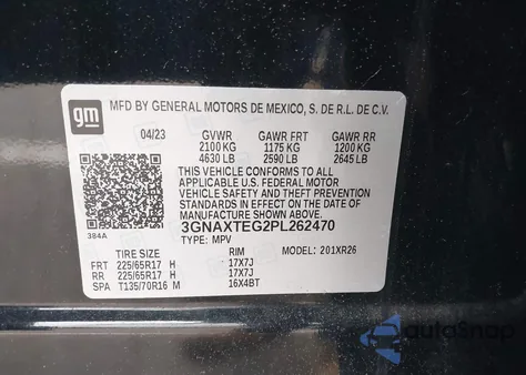 2023 Chevrolet Equinox Awd 2Fl из США, поврежденный, VIN 3GNAXTEG2PL262470